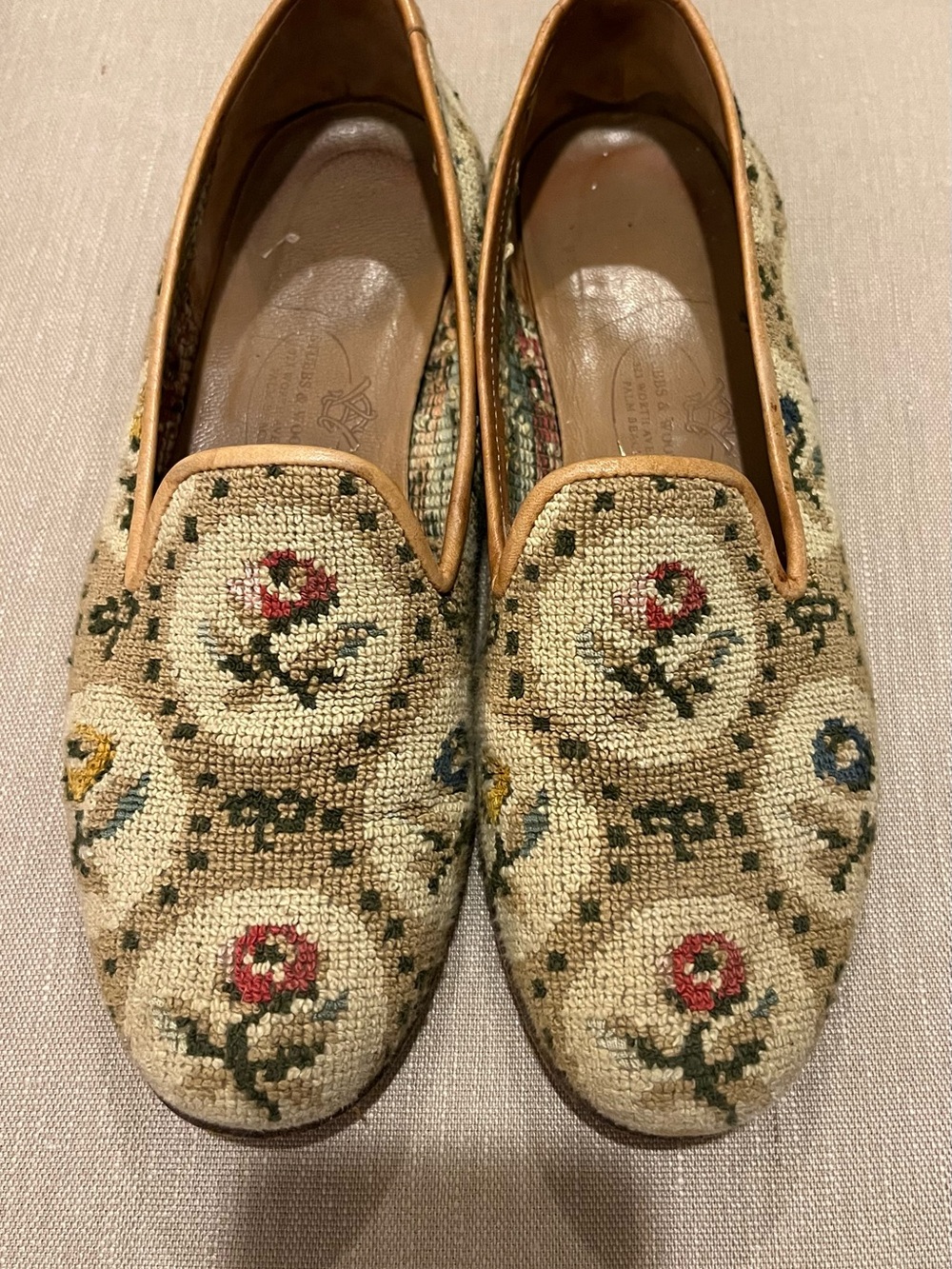 Stubbs & Wooton Needlepoint Floral Slip-On Flats in Beige and Multicolor 7.5